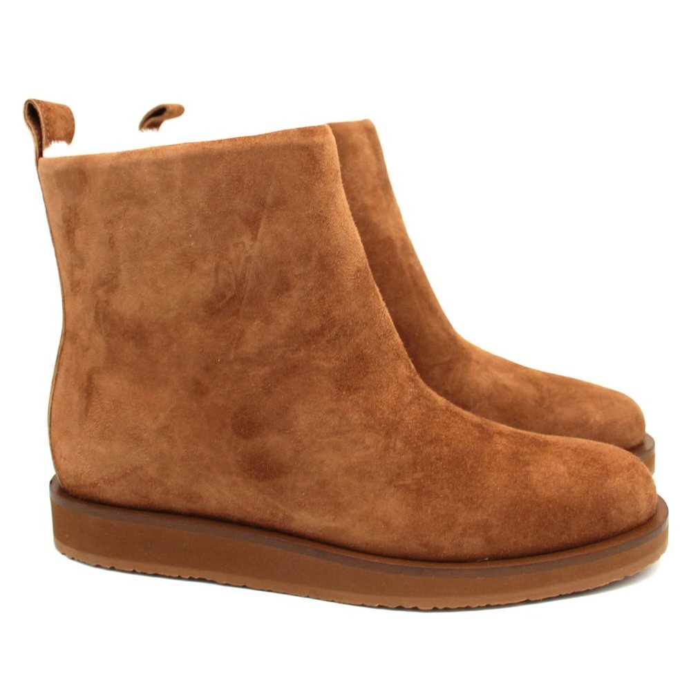 Tamara Mellon Inside Edge 30 Suede Shearling Ankle Bootie Cognac Natural 37 NEW